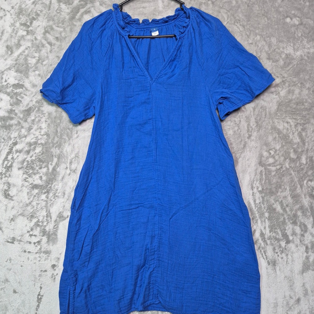 Old Navy Royal Blue Cotton Gauze Ruffle Neck Shift Dress Small Short Sleeve